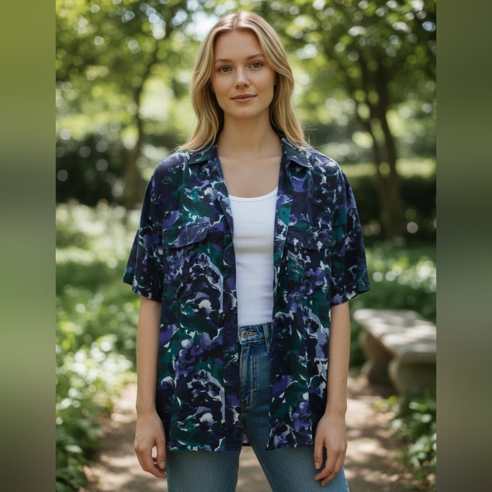 Leena Studio Vintage Silk Vibe Floral Button-Up Shirt - Blue & Black